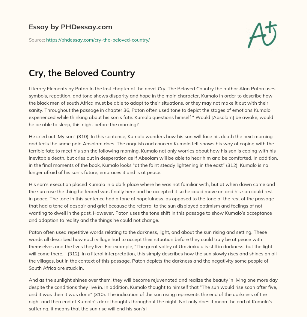 Cry, the Beloved Country essay