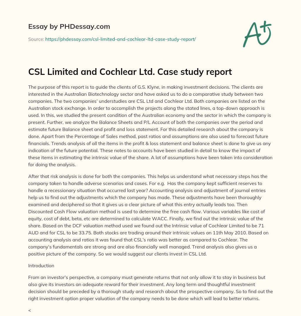 CSL Limited and Cochlear Ltd. Case study report essay