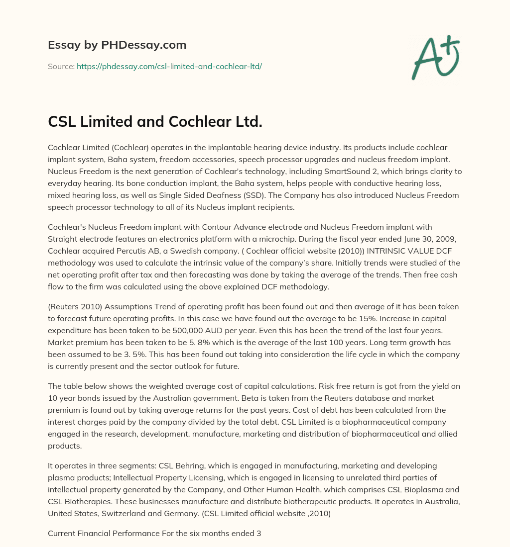 CSL Limited and Cochlear Ltd. essay