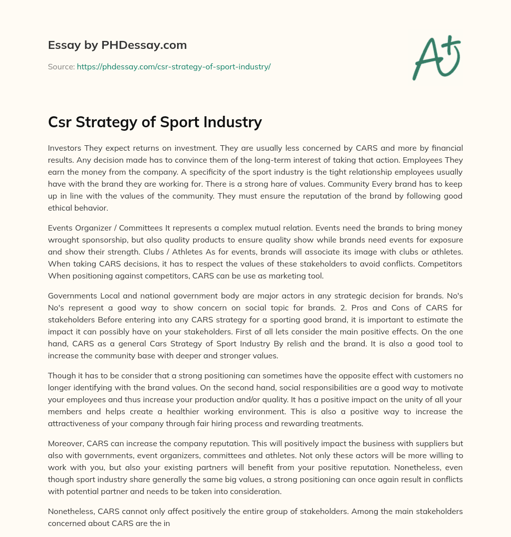 Csr Strategy of Sport Industry essay