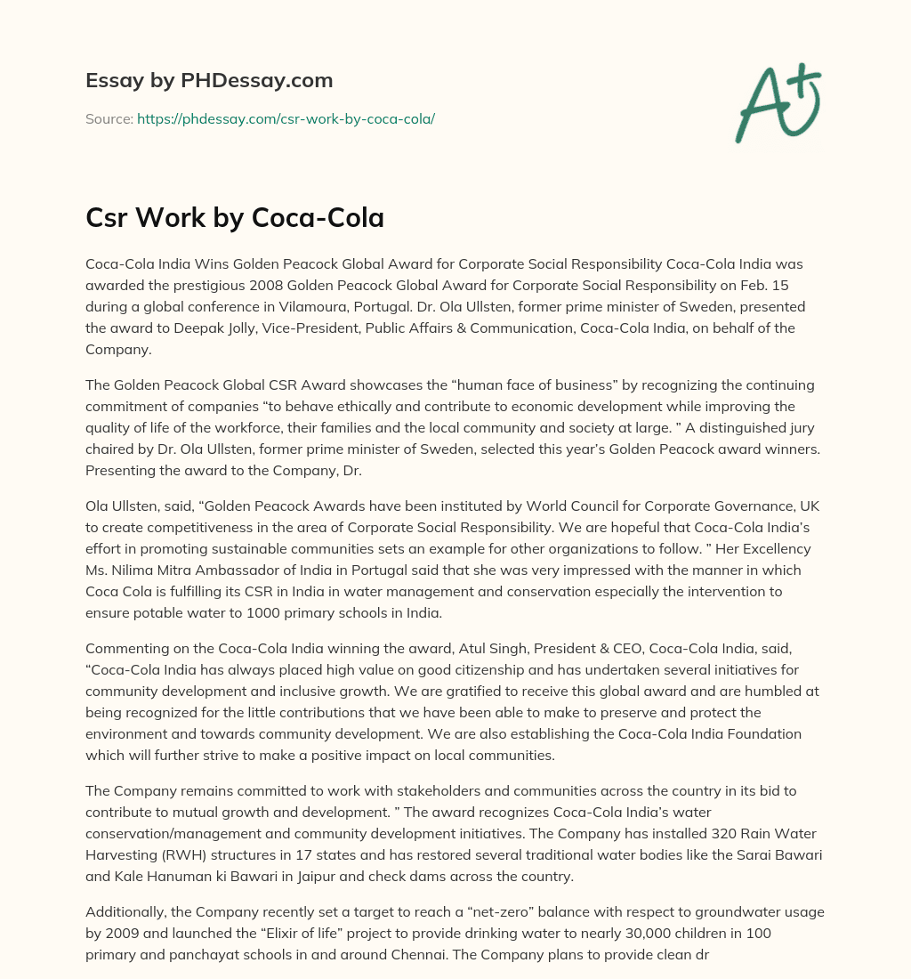 Csr Work by Coca-Cola essay