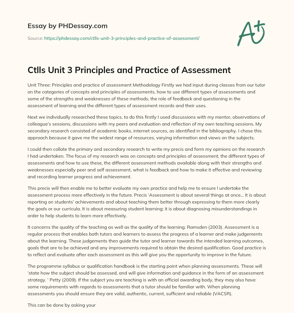Ctlls Unit 3 Principles and Practice of Assessment essay