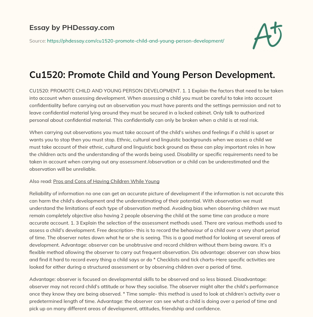 Cu1520: Promote Child and Young Person Development. essay