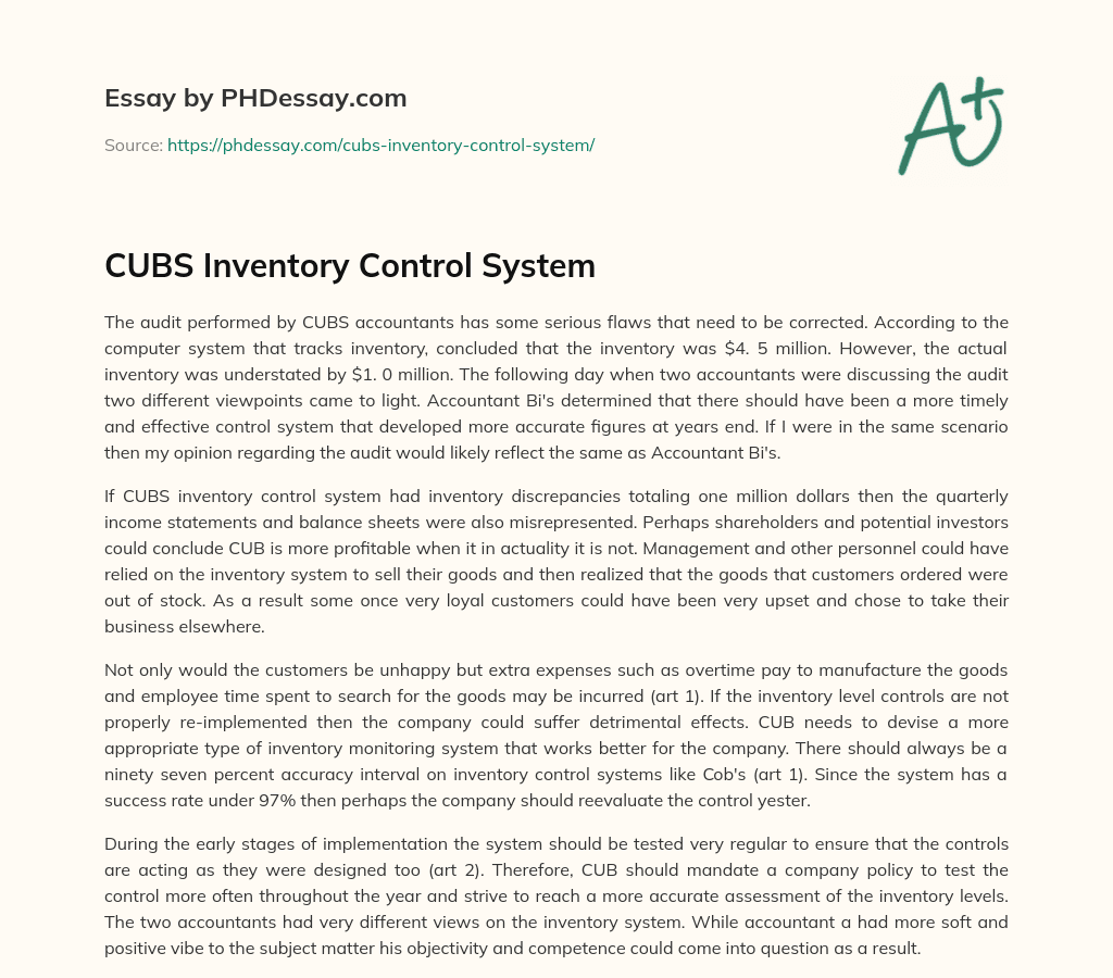 CUBS Inventory Control System essay