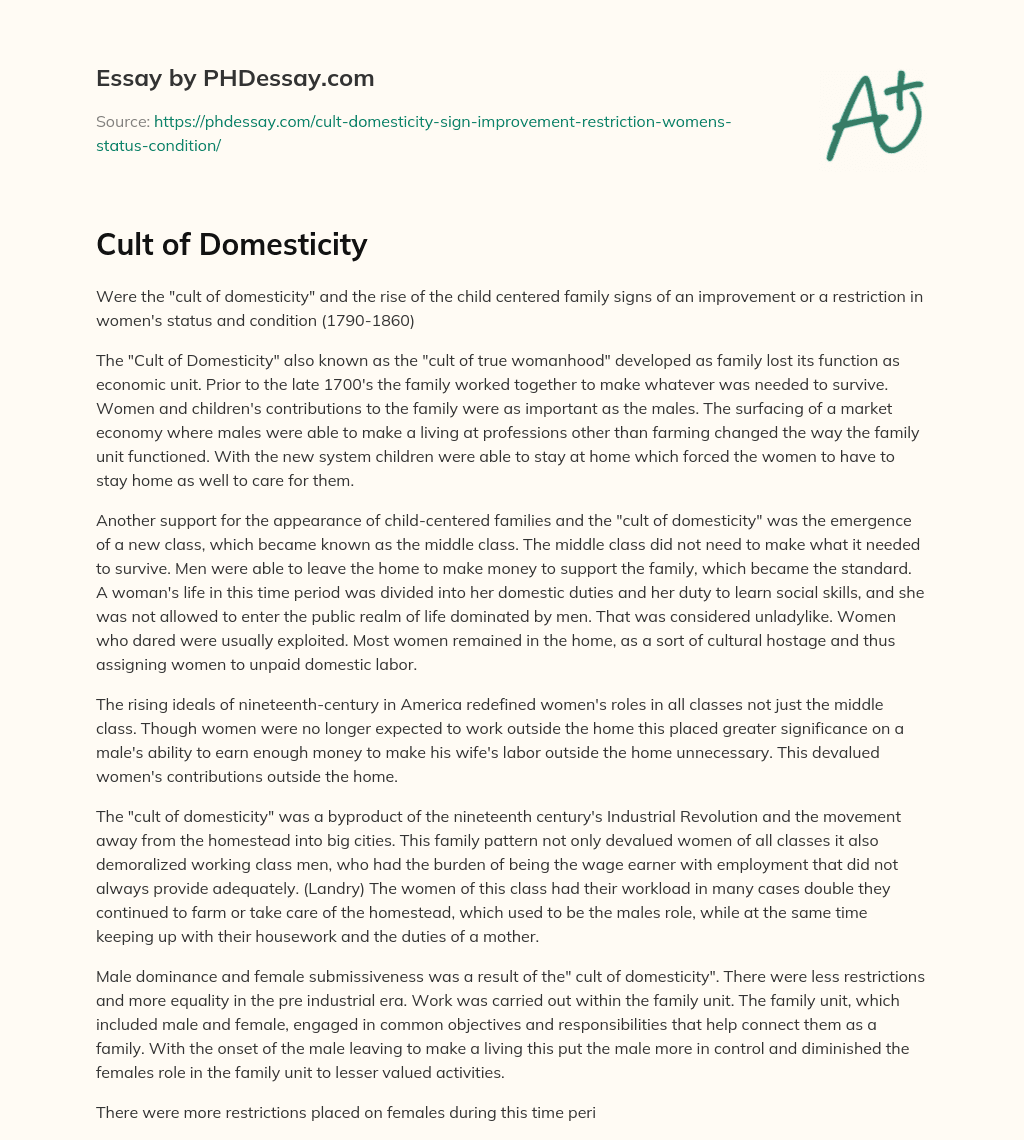Cult of Domesticity essay
