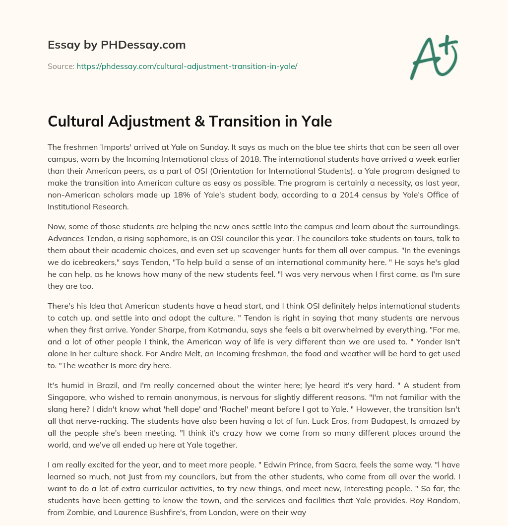 Cultural Adjustment & Transition in Yale essay
