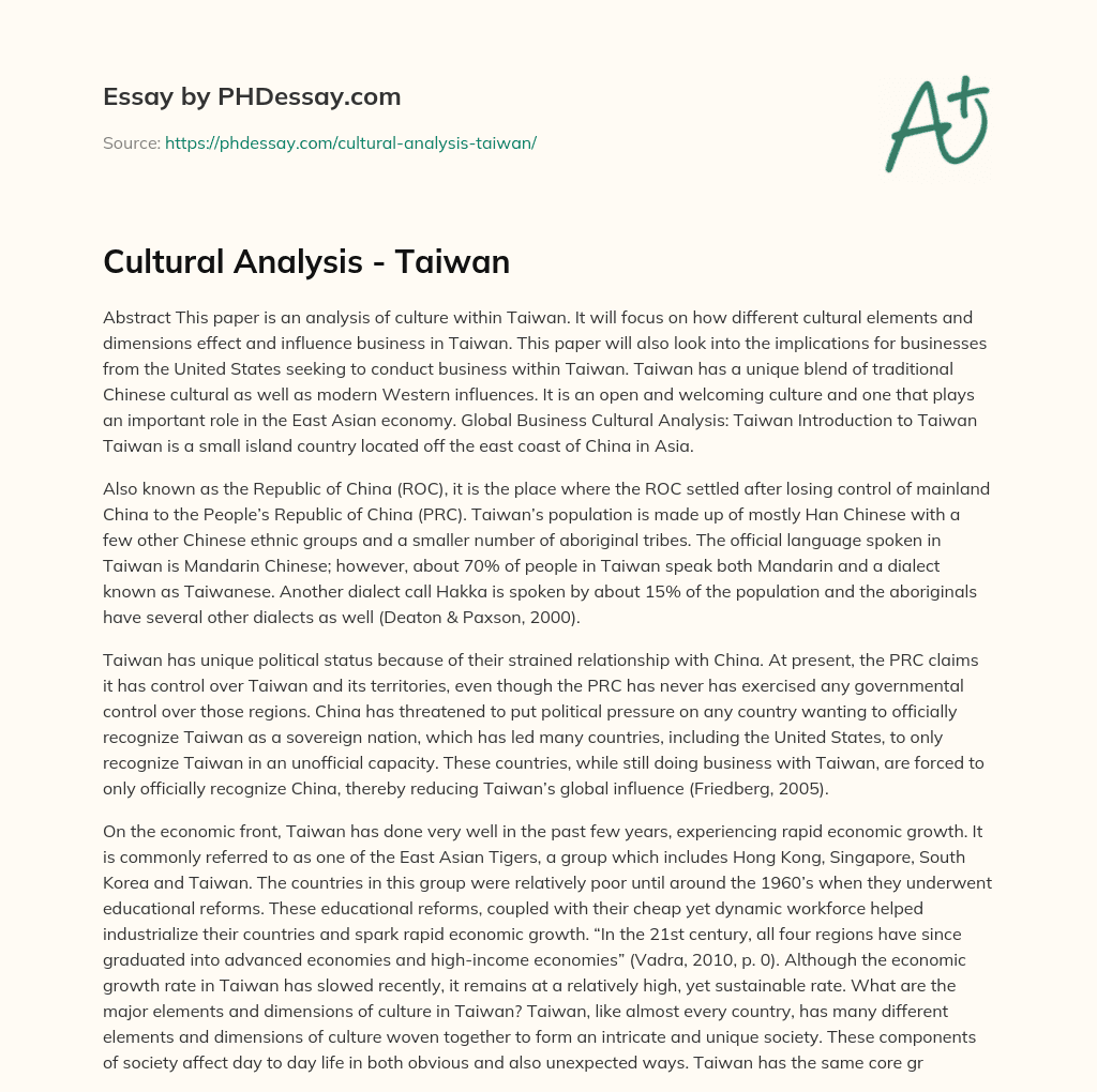 Cultural Analysis – Taiwan essay