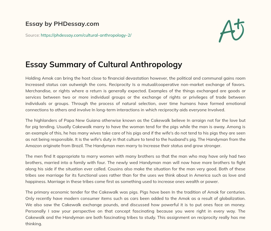 Essay Summary of Cultural Anthropology essay