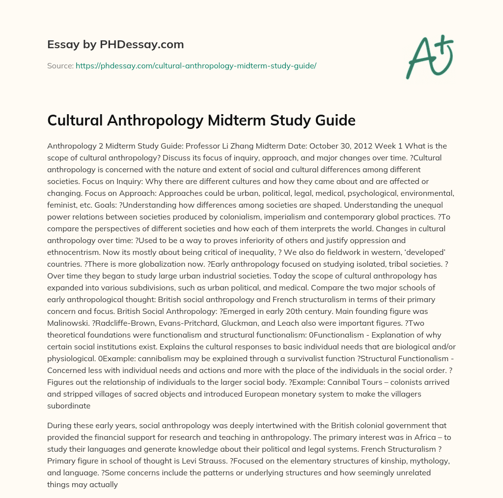 Cultural Anthropology Midterm Study Guide essay