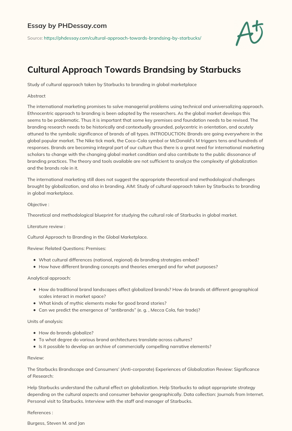 Cultural Approach Towards Brandsing by Starbucks essay
