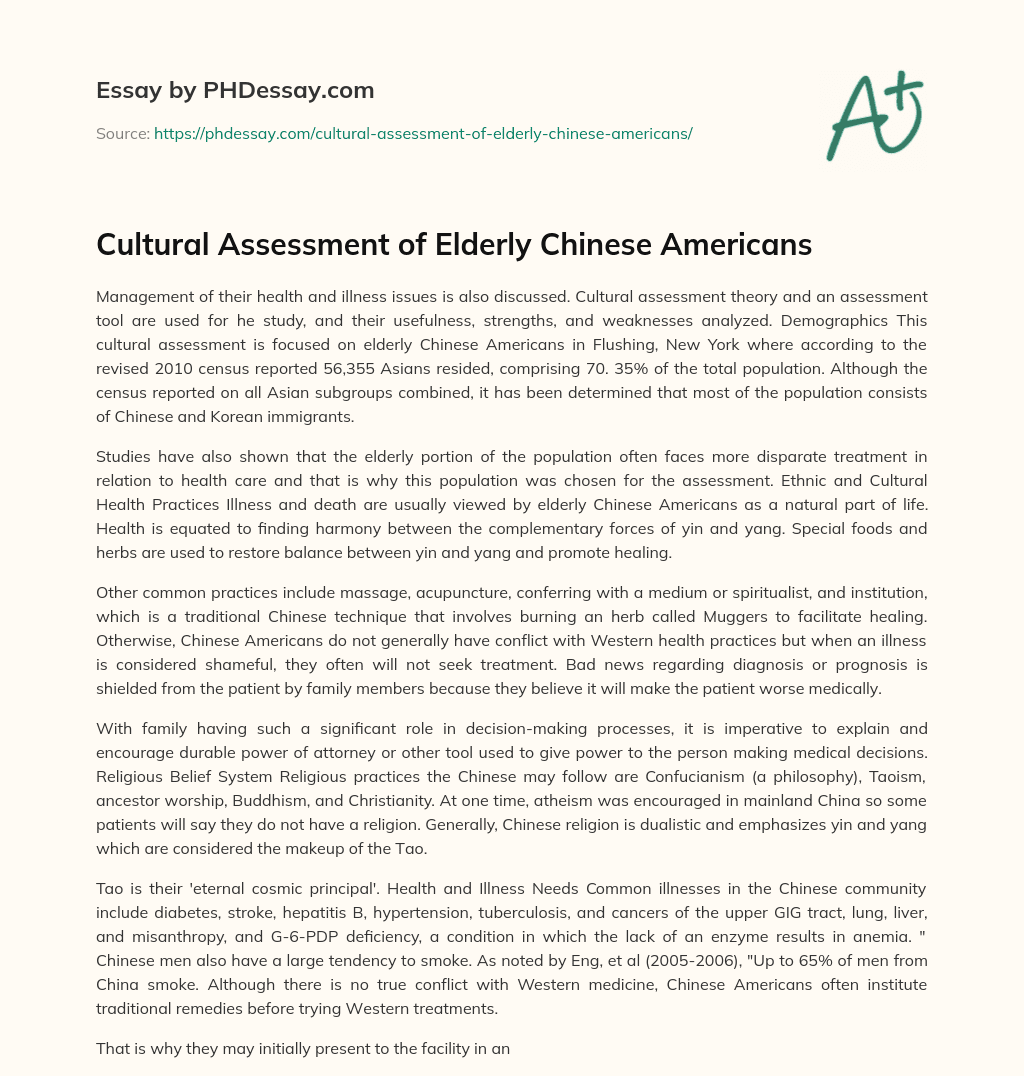 Cultural Assessment of Elderly Chinese Americans essay