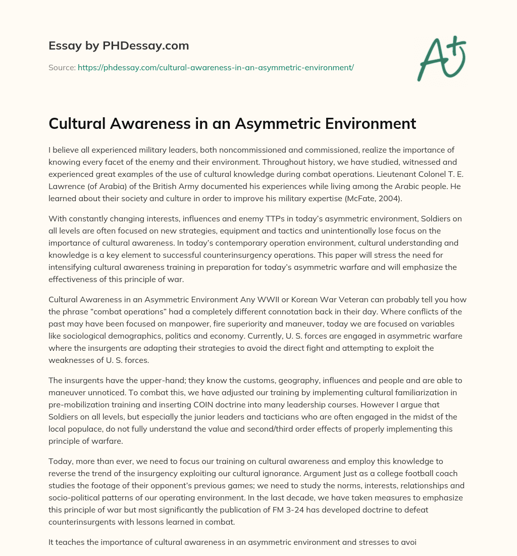 Cultural Awareness in an Asymmetric Environment essay