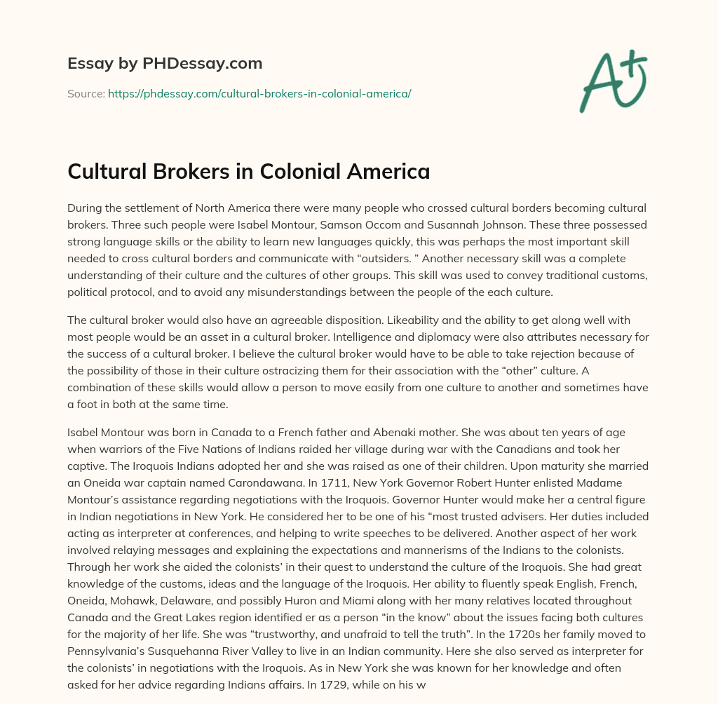 Cultural Brokers in Colonial America essay