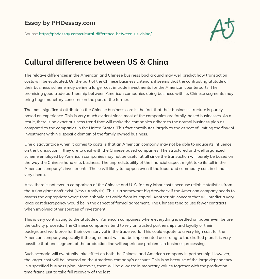Cultural difference between US & China essay