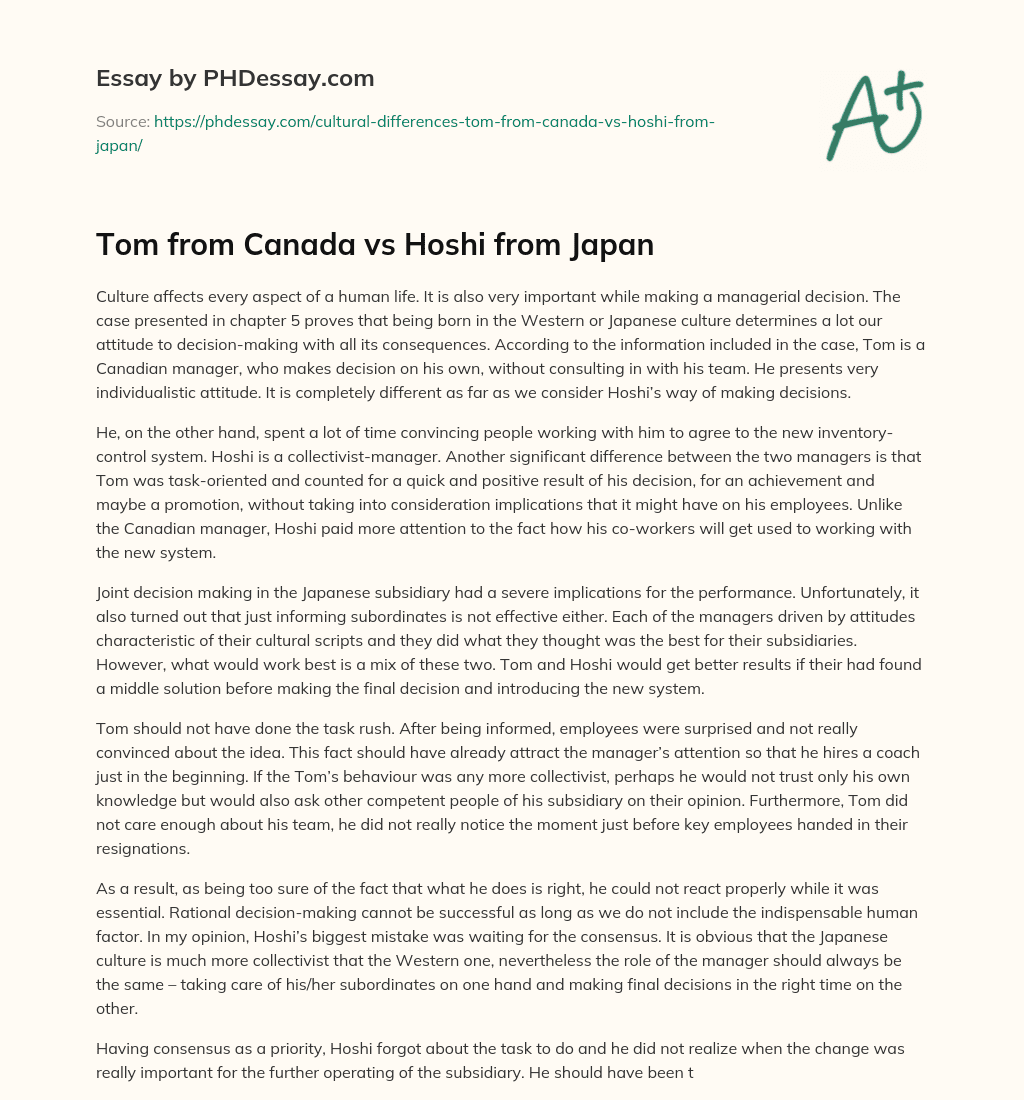 Tom from Canada vs Hoshi from Japan essay