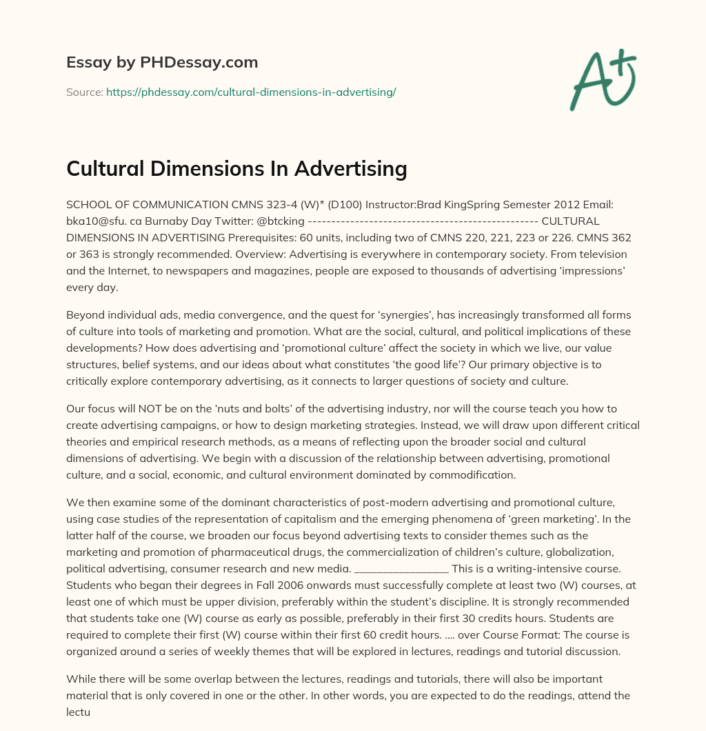 Cultural Dimensions In Advertising essay