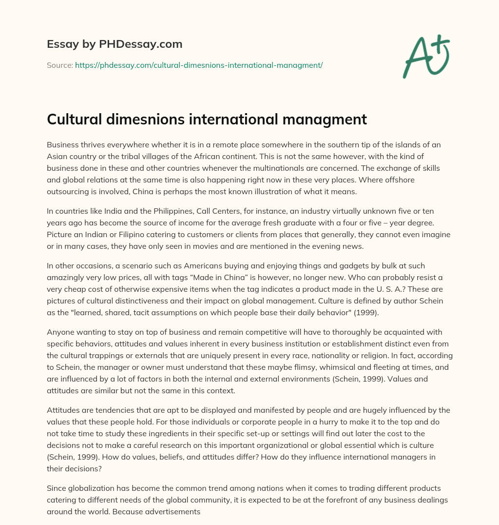 Cultural dimesnions international managment essay