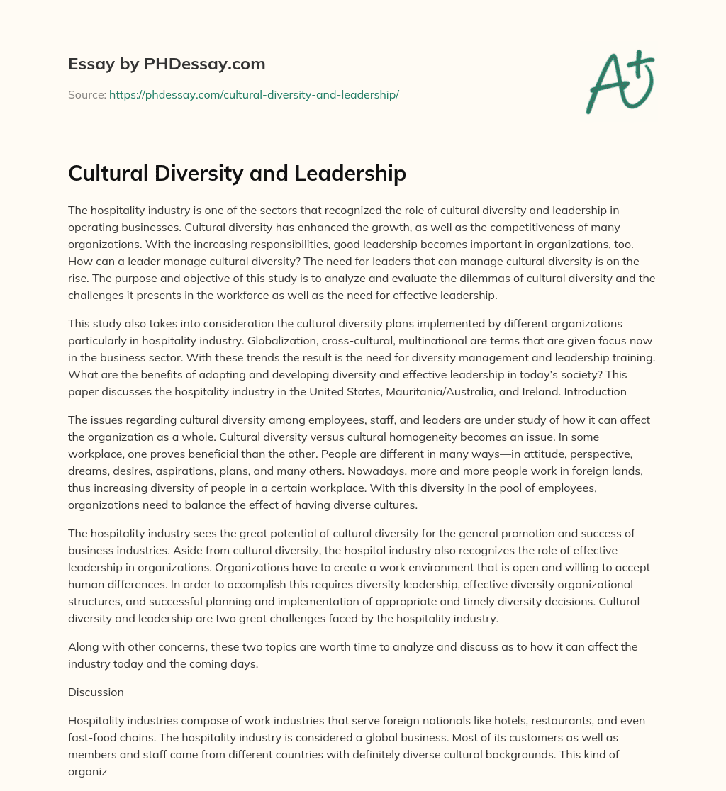 Cultural Diversity and Leadership - PHDessay.com