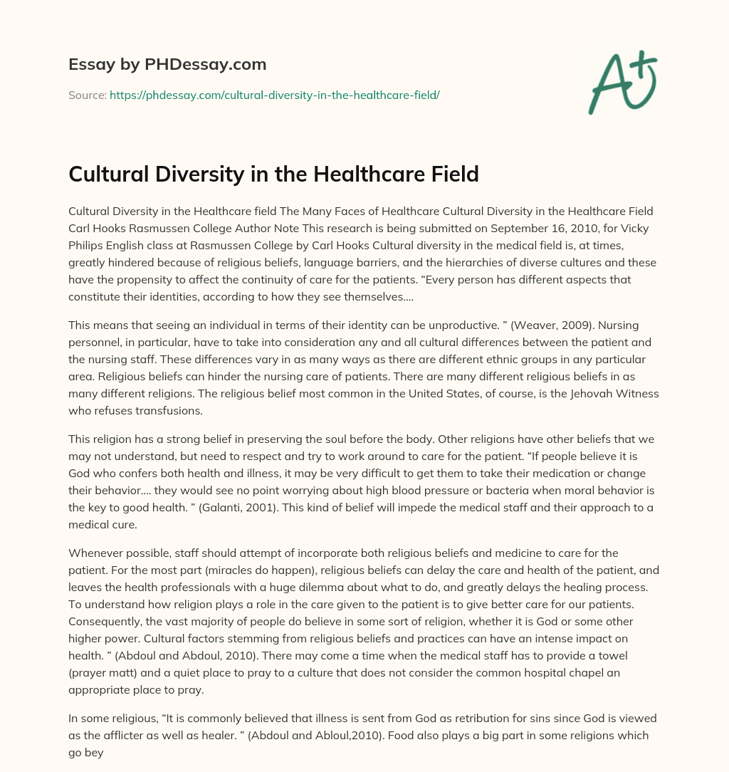 Cultural Diversity in the Healthcare Field essay