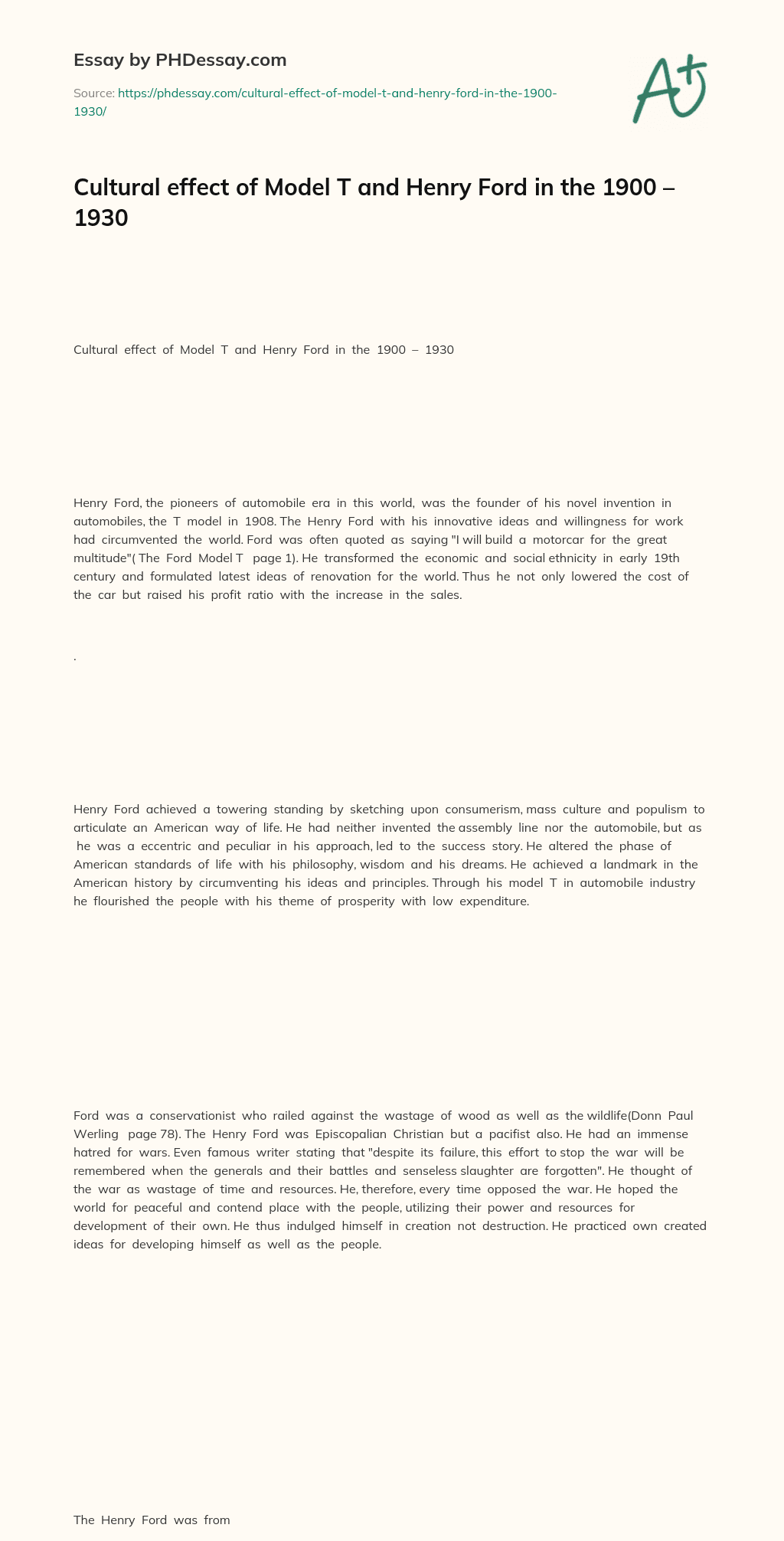 Cultural  effect  of  Model  T  and  Henry  Ford  in  the  1900  –  1930 essay