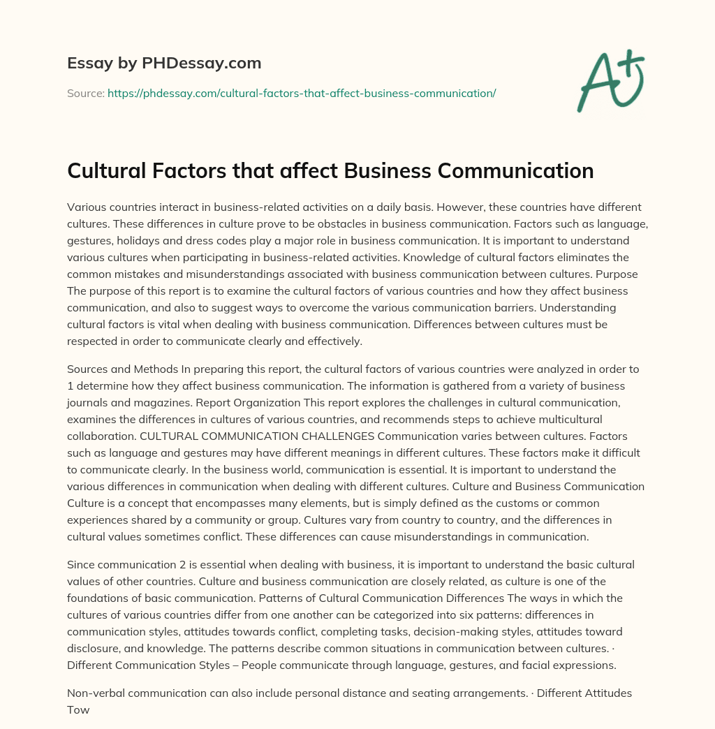 Cultural Factors that affect Business Communication essay