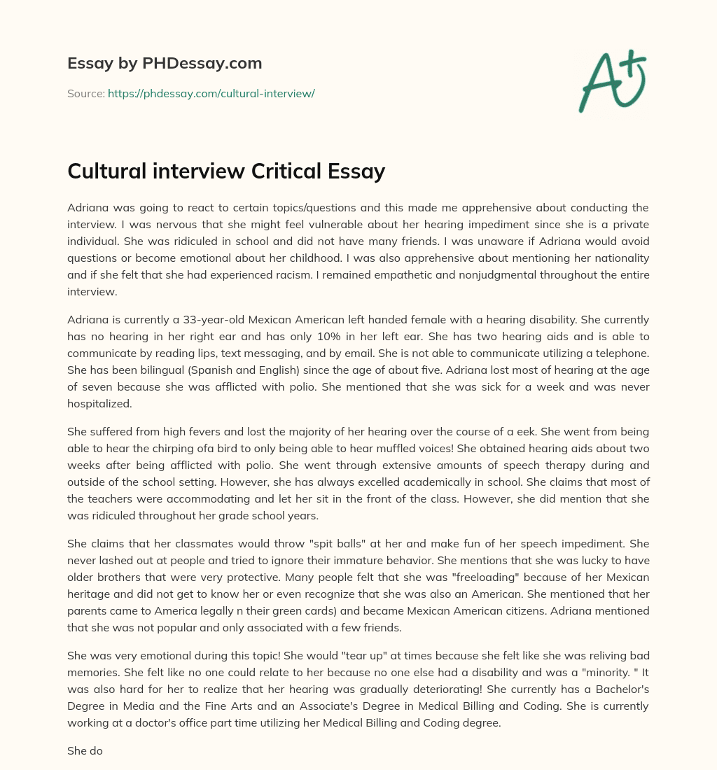Cultural interview Critical Essay essay