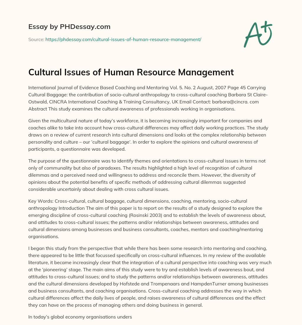 Cultural Issues of Human Resource Management essay