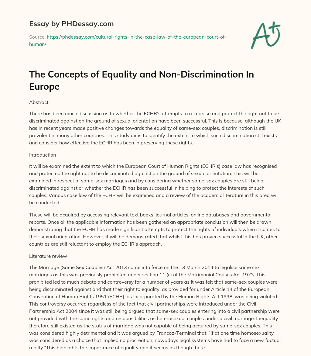 The Concepts of Equality and Non-Discrimination In Europe essay
