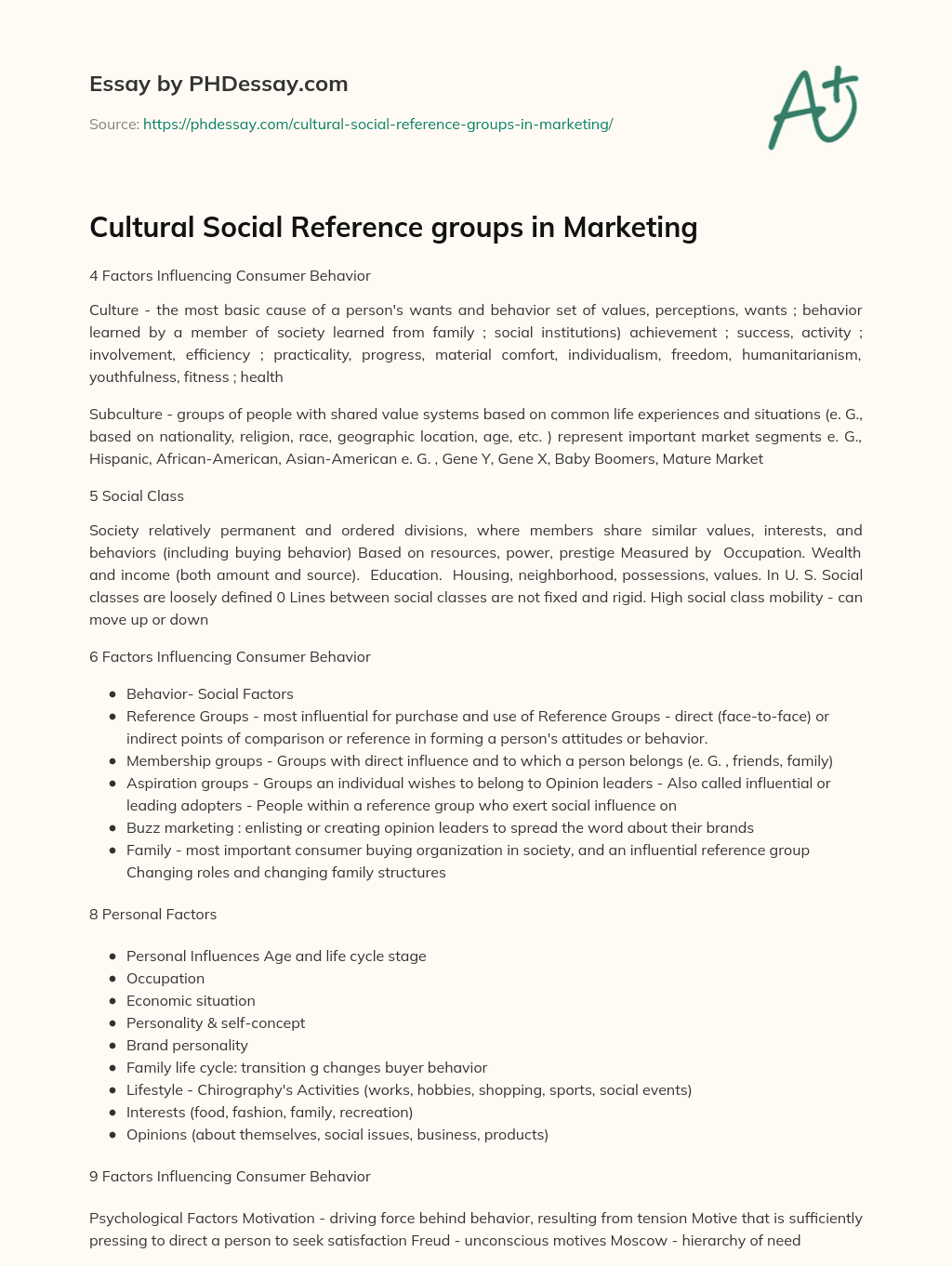 Cultural Social Reference groups in Marketing essay