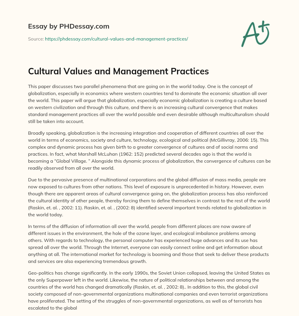 Cultural Values and Management Practices essay