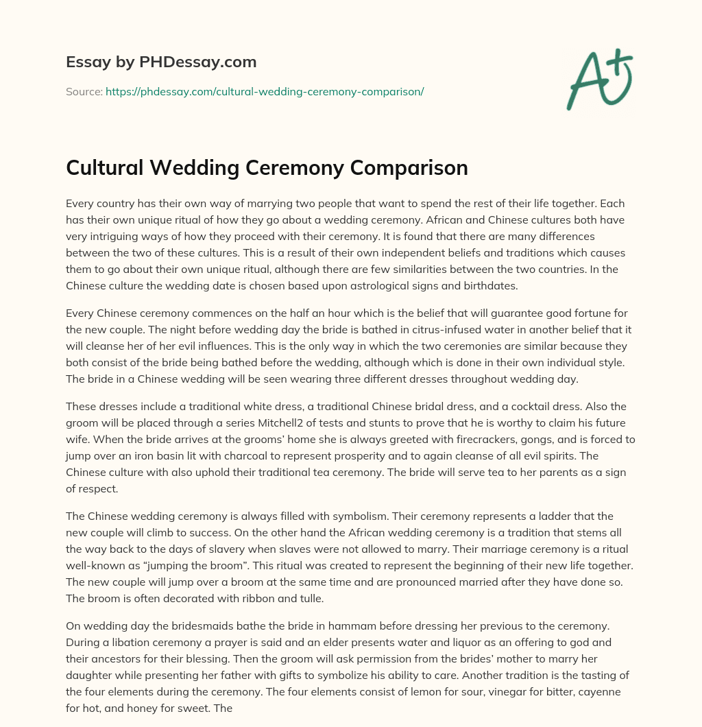 Cultural Wedding Ceremony Comparison (600 Words)