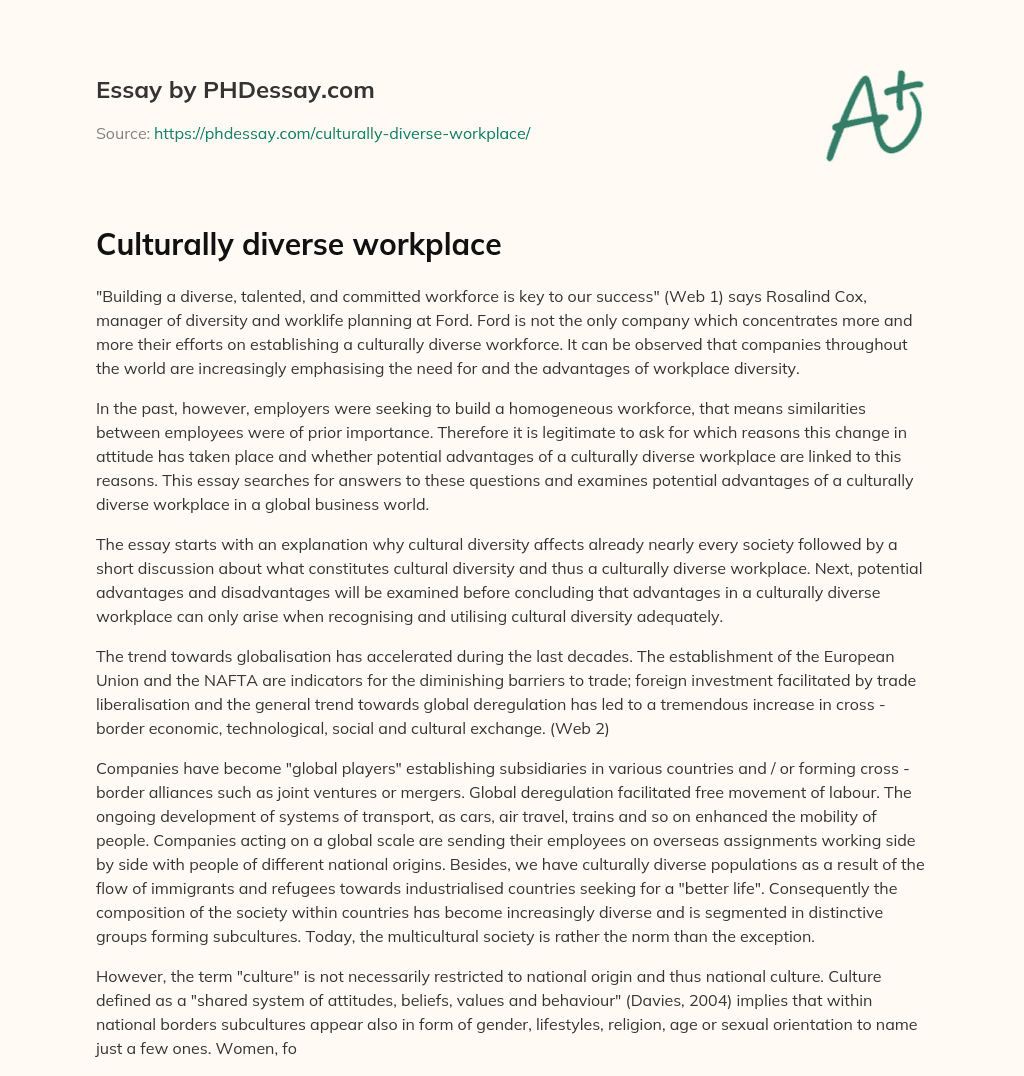 Culturally diverse workplace essay