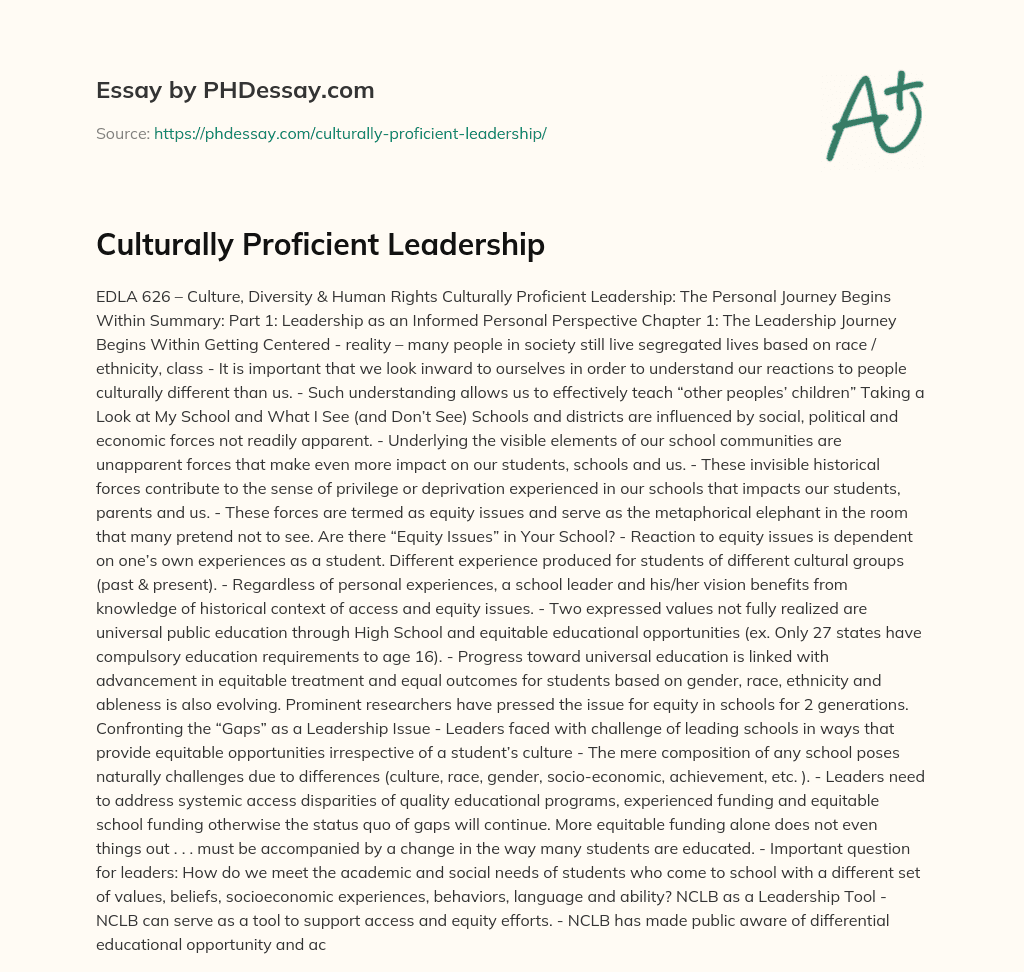 Culturally Proficient Leadership essay