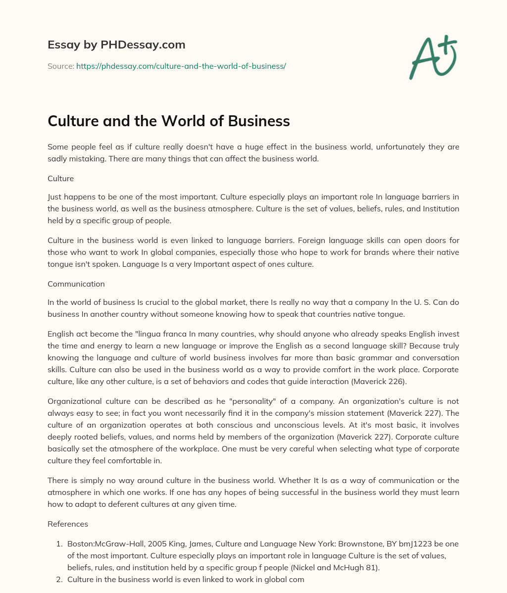 Culture and the World of Business essay