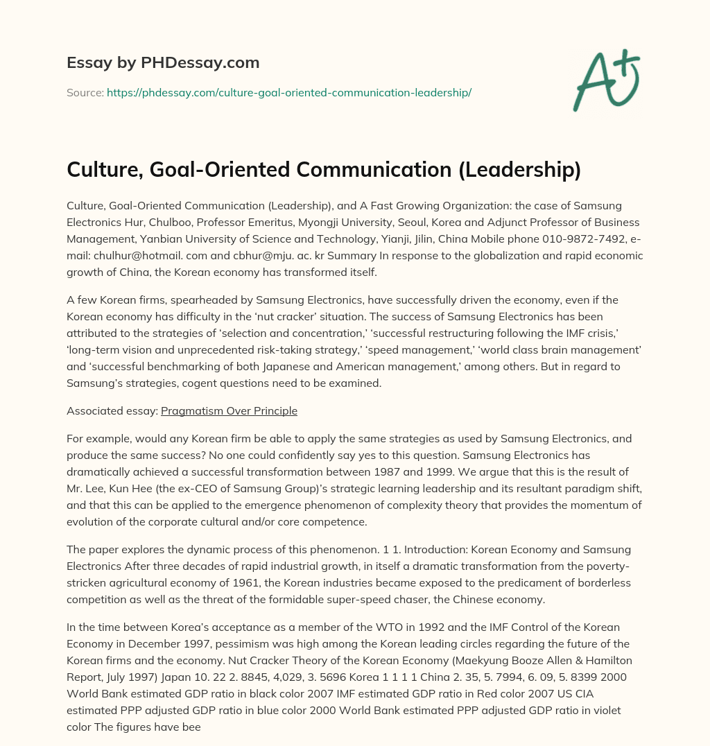 Culture, Goal-Oriented Communication (Leadership) essay