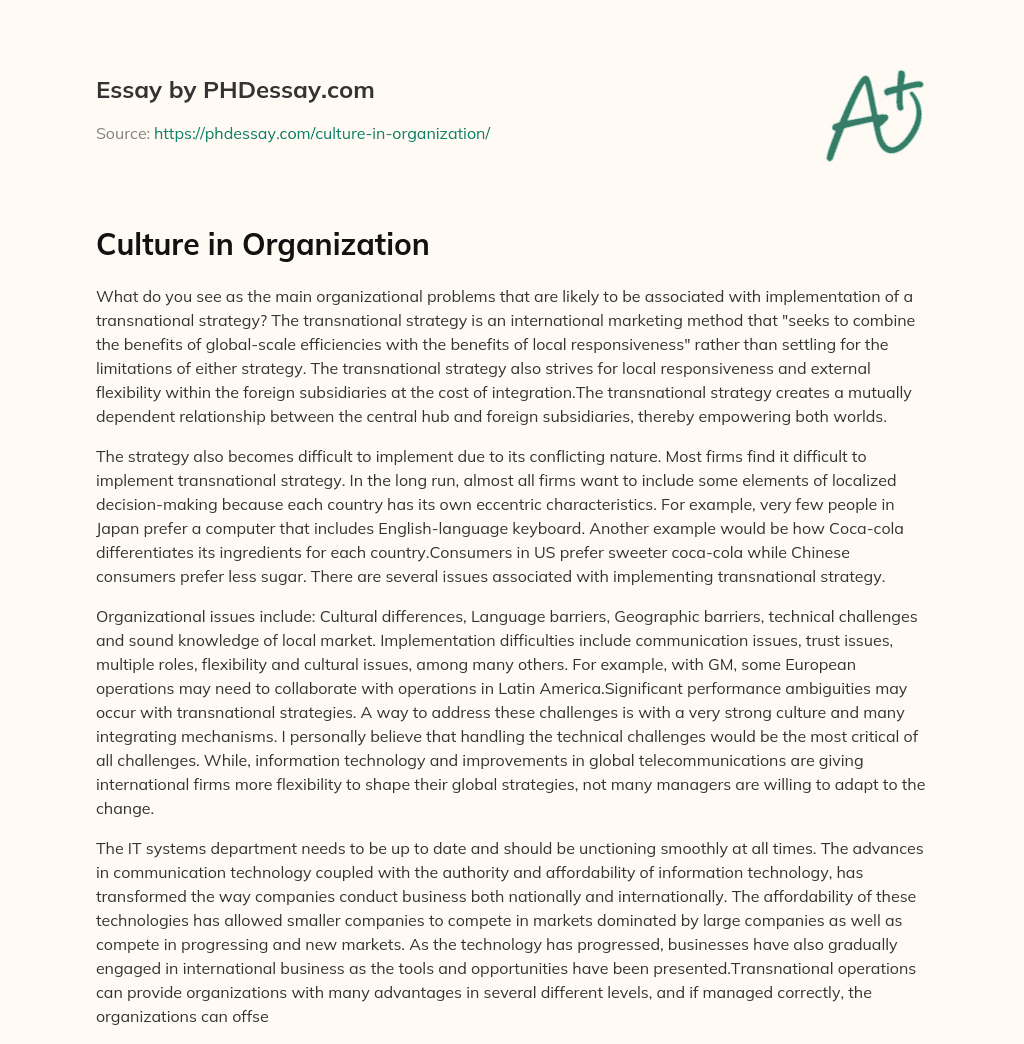 Culture in Organization essay