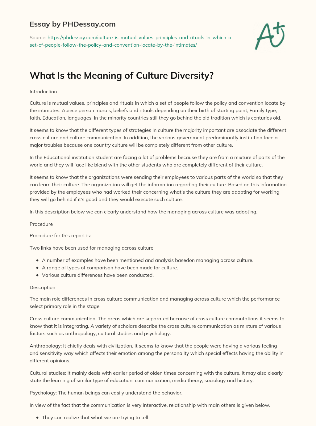 What Is the Meaning of Culture Diversity? essay