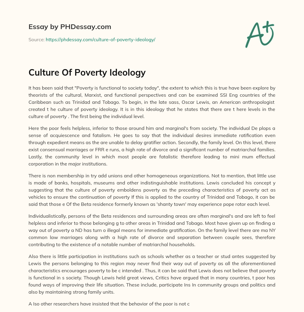 Culture Of Poverty Ideology essay