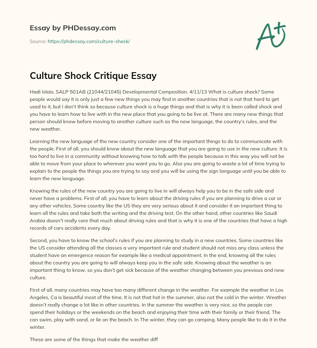 Culture Shock Critique Essay essay