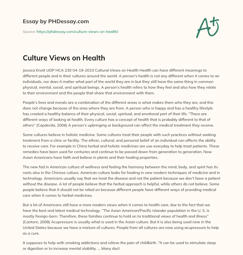 Culture Views on Health essay