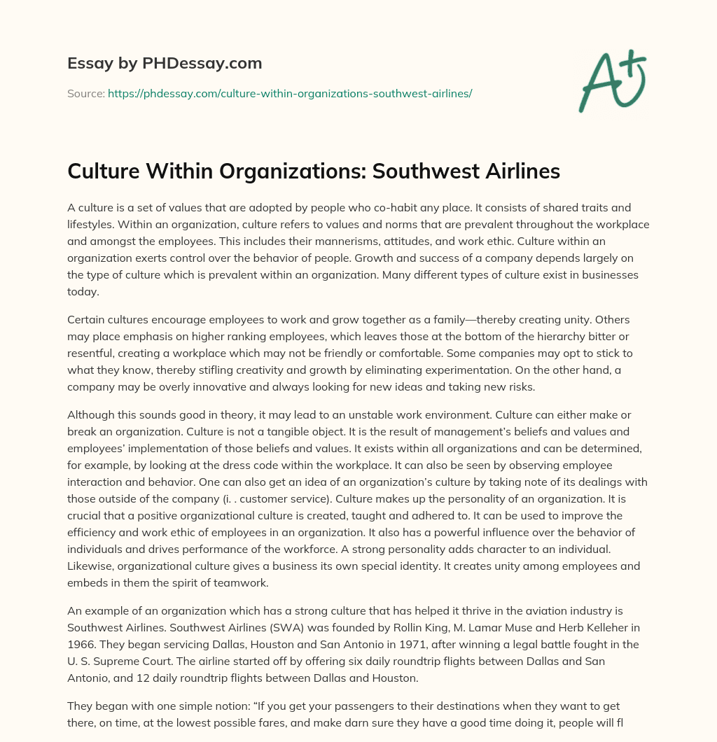 Culture Within Organizations: Southwest Airlines essay