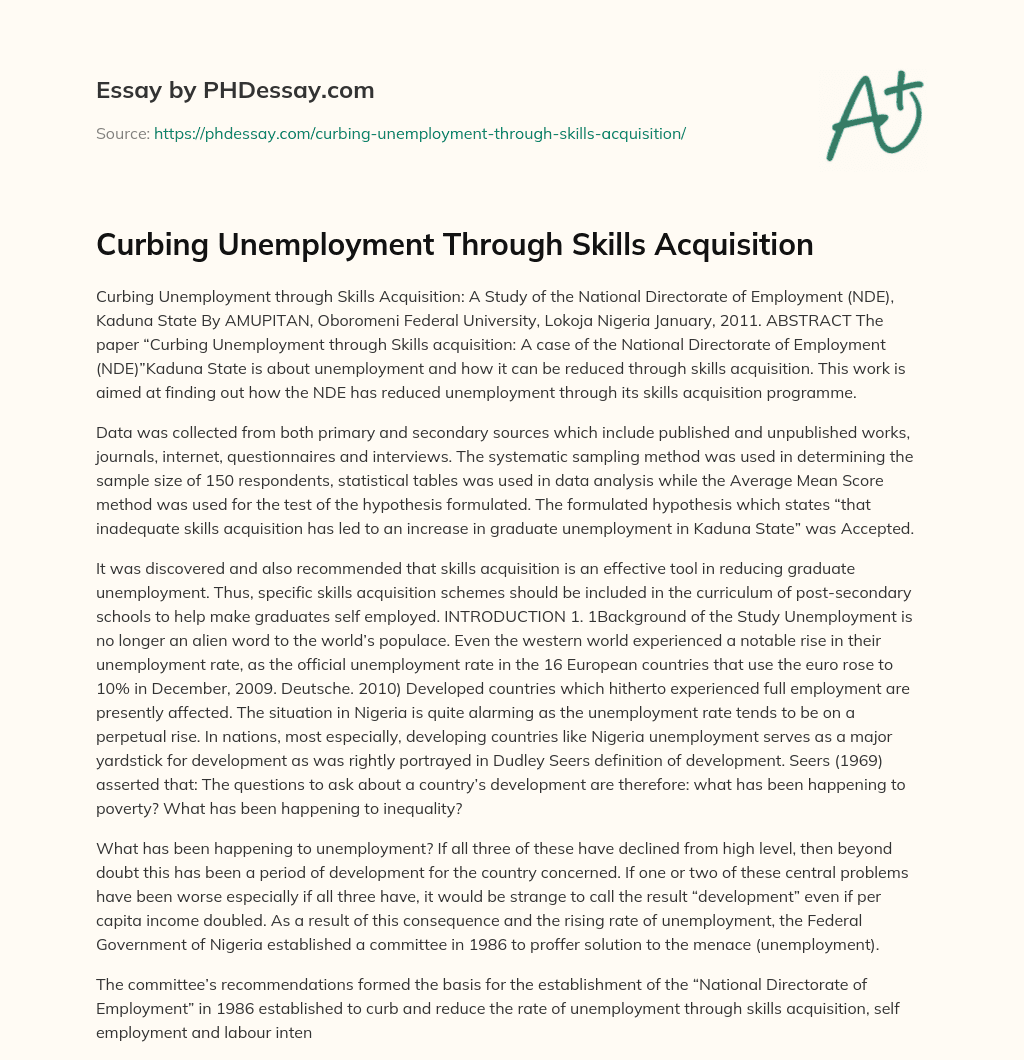 Curbing Unemployment Through Skills Acquisition essay