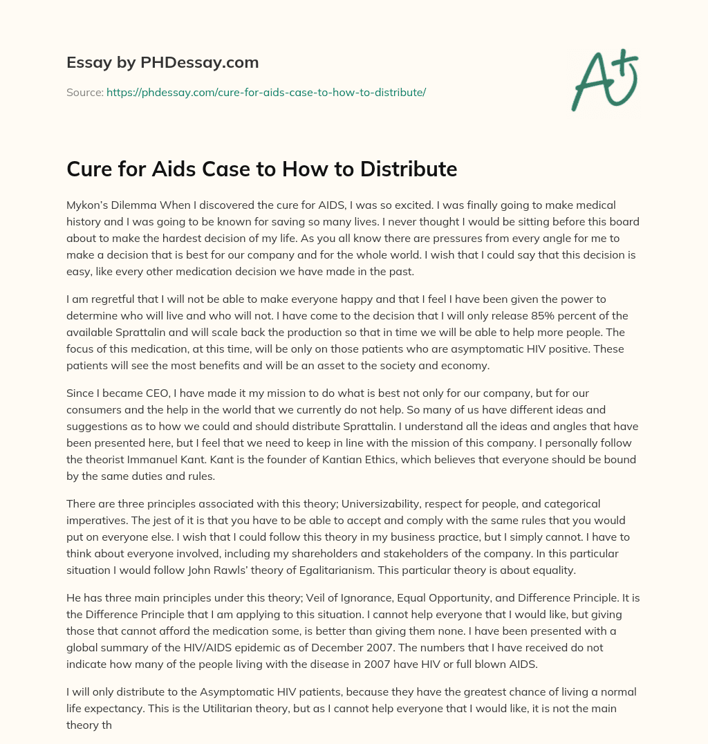 Cure for Aids Case to How to Distribute essay