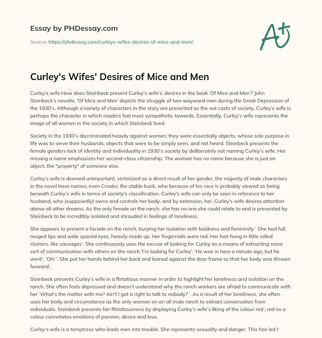 Curley’s Wifes’ Desires of Mice and Men essay