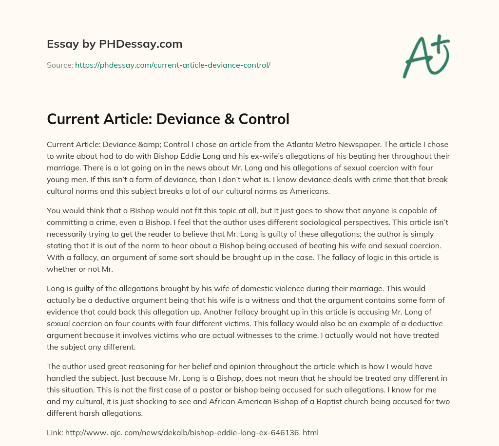 Current Article: Deviance & Control essay