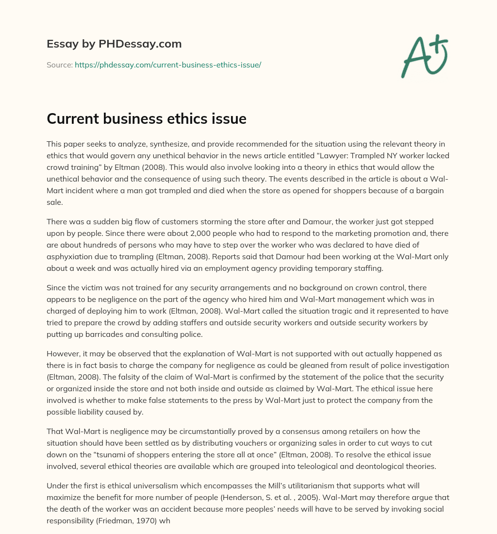 Current business ethics issue essay