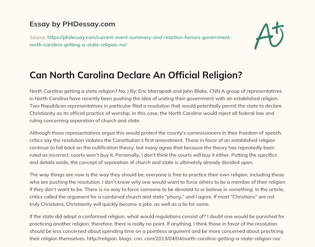 Can North Carolina Declare An Official Religion? essay
