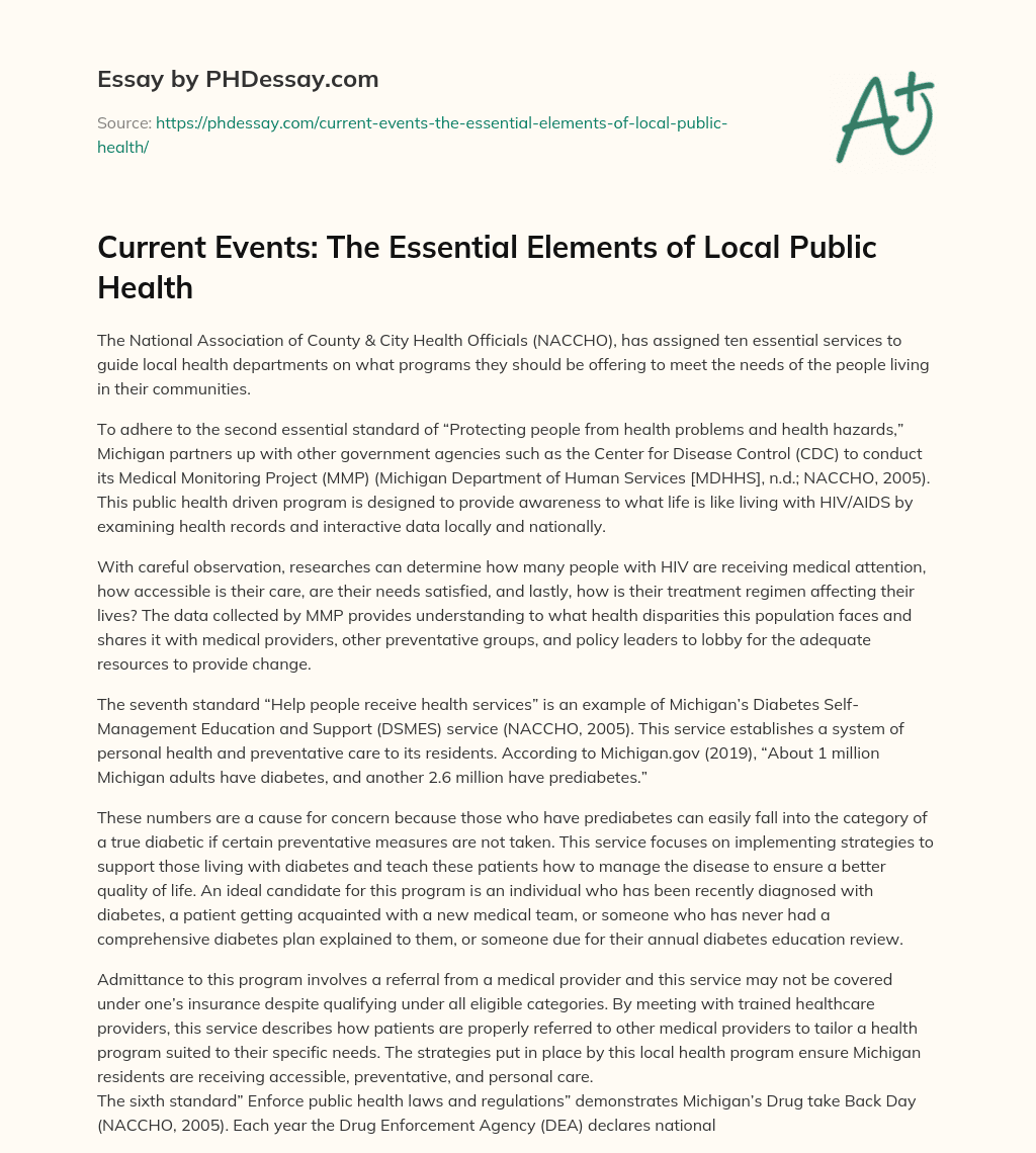 Current Events: The Essential Elements of Local Public Health essay