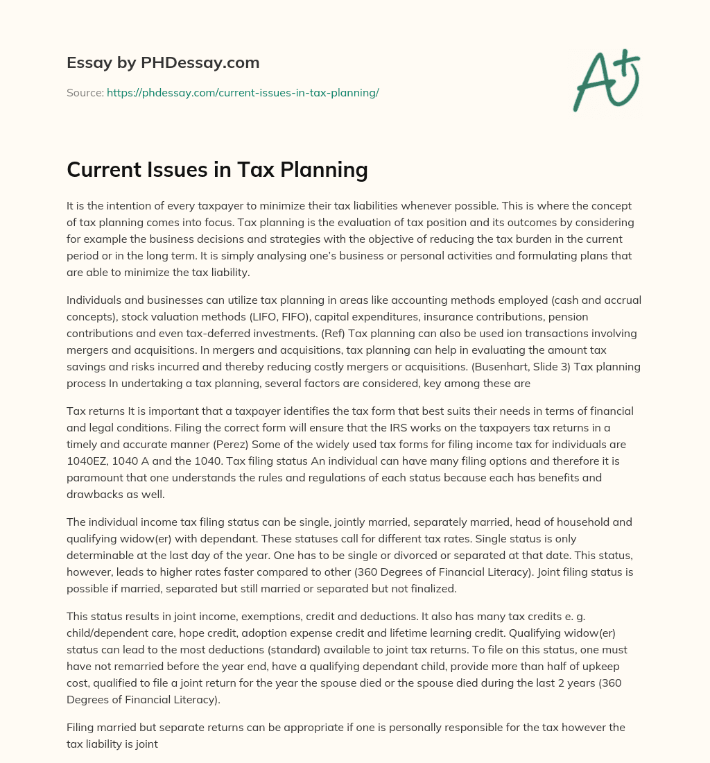 Current Issues in Tax Planning essay