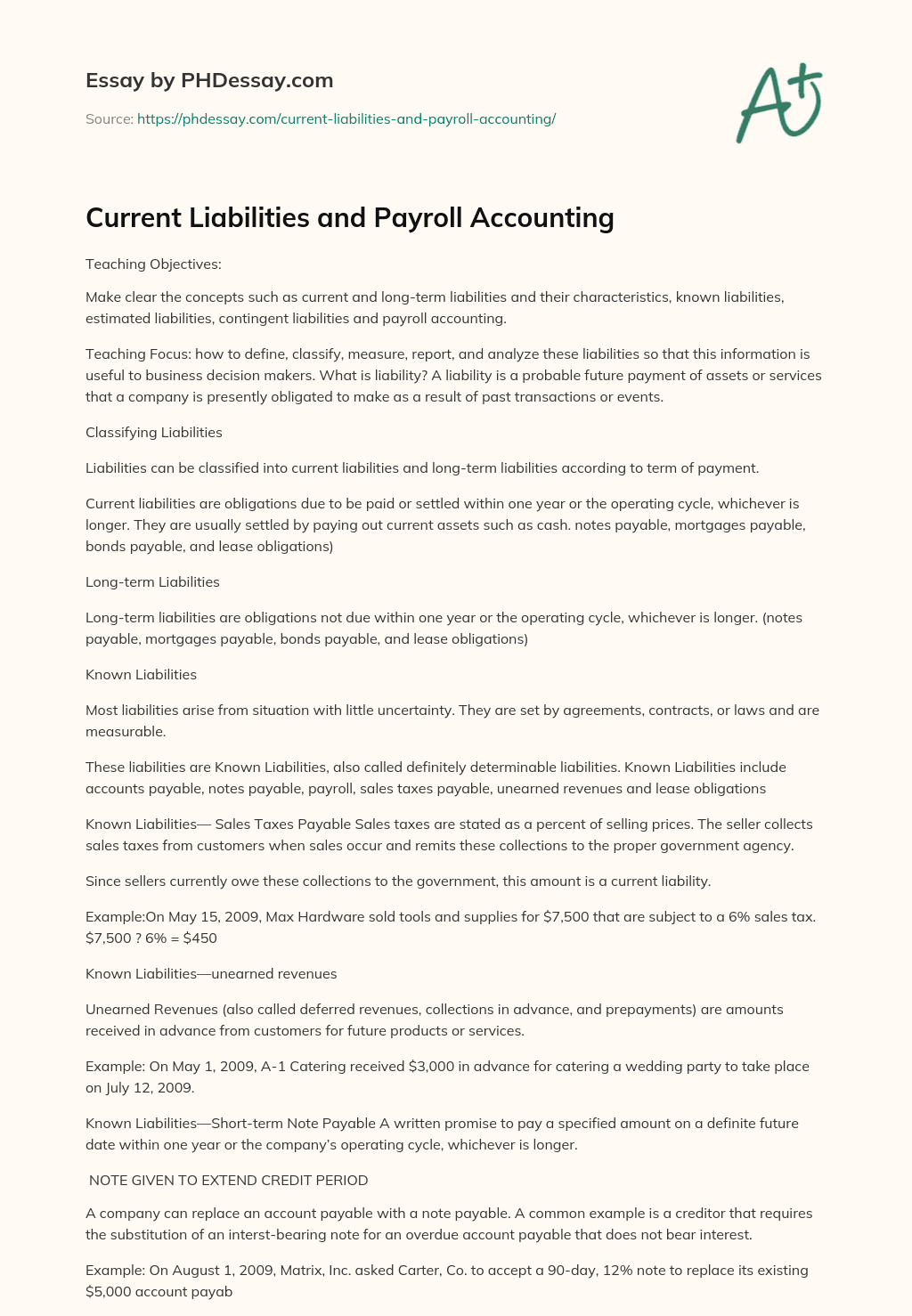 Current Liabilities and Payroll Accounting essay